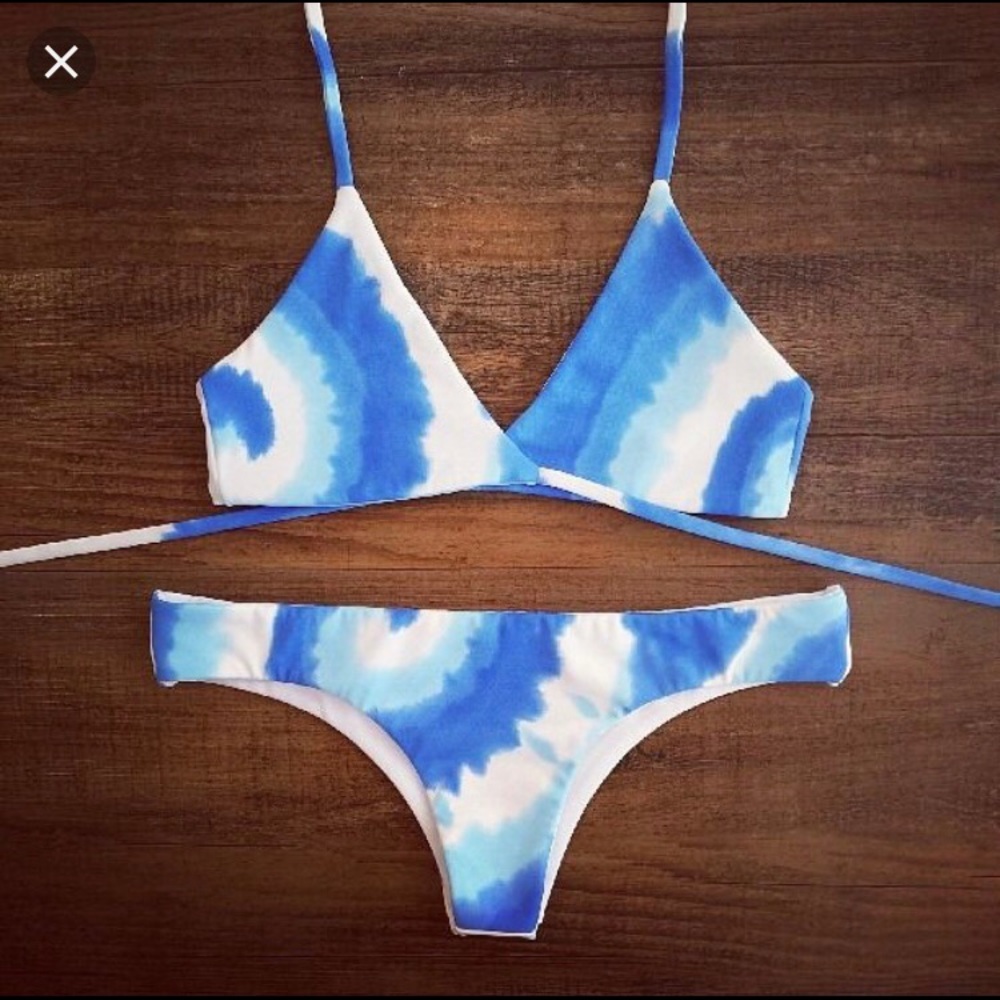 Blue and white wrap around bikini